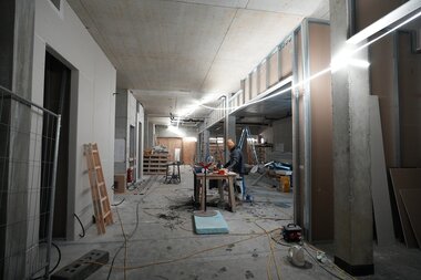 Aufnahme von Innenausbau von der Baustelle Neubau Bergrestaurant Grüneck | © Golm Silvretta Lünersee Tourismus GmbH Bregenz, Veronika Grüner